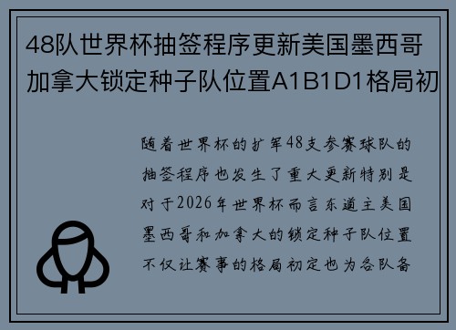 48队世界杯抽签程序更新美国墨西哥加拿大锁定种子队位置A1B1D1格局初定 48队世界杯抽签程序更新美国墨西哥加拿大锁定种子队位置A1B1D1格局初定
