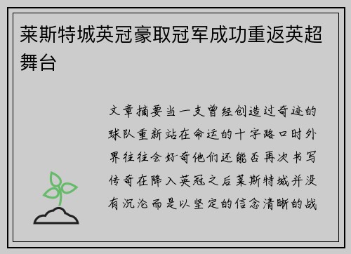 莱斯特城英冠豪取冠军成功重返英超舞台 莱斯特城英冠豪取冠军成功重返英超舞台