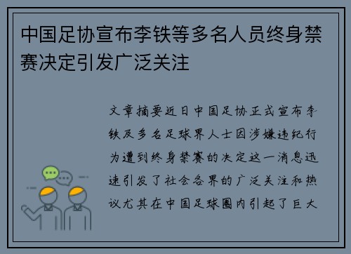 中国足协宣布李铁等多名人员终身禁赛决定引发广泛关注 中国足协宣布李铁等多名人员终身禁赛决定引发广泛关注